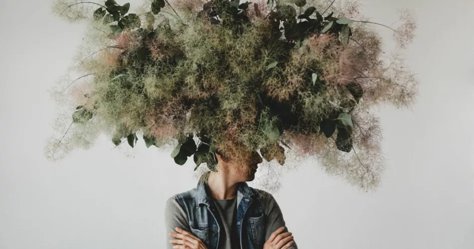 Homme ayant des plantes qui symbolisent l'éco-anxiété et solastalgie qui sortent de sa tête